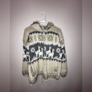 Yari Artesanias Medium Jacket CreamGray Ivory 100% Wool Llama Zip Hood Ecuador